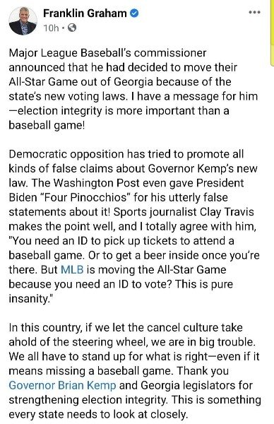 Franklin Graham speaks out on MLB decision to move All Star Game out of HA